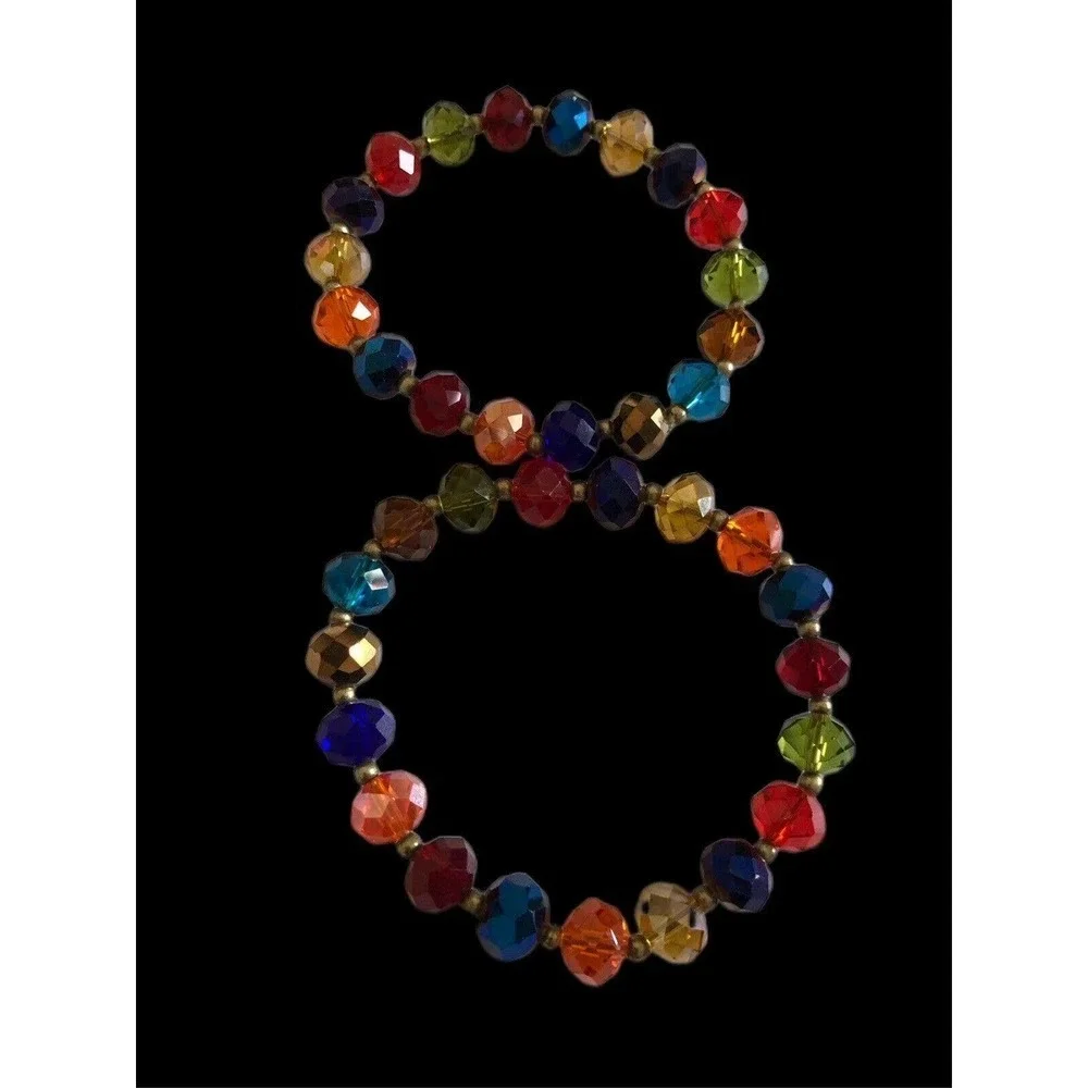 Set Of 2 Faceted Resin Crystal Beaded Stretch Bracelet Multi-Colors Jewelry
